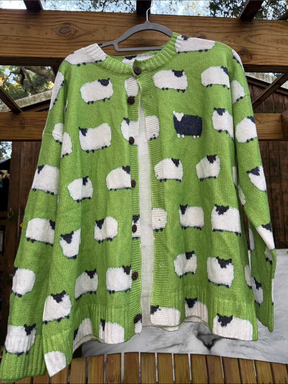 Adult plus 2x Green Sheep Print Button-Up Cardigan